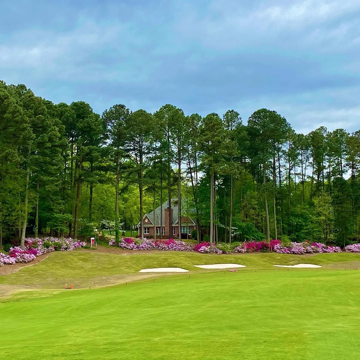 A manicured green fronted by white sand bunkers, with a clubhouse and blooming azaleas behind tall pines.
